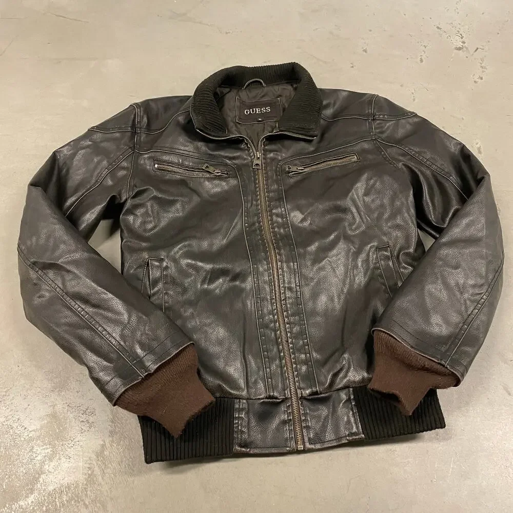 vintage y2k ribbed collar brown guess motorcycle zip up jacket